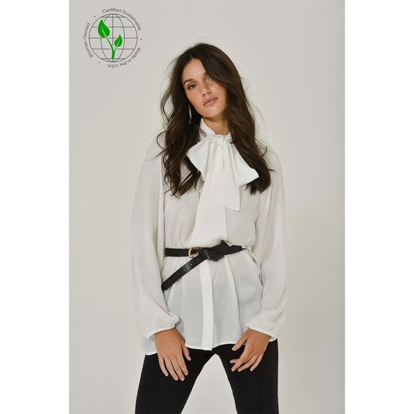 White Long Sleeve Mandarin Blouse w/ Removable Bow | NWT | Made in USA - Picture 2 of 6